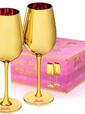 NEW Barbie Dreamhouse Collection 60th Dragon Set of 2 gold, pink lined glasses
